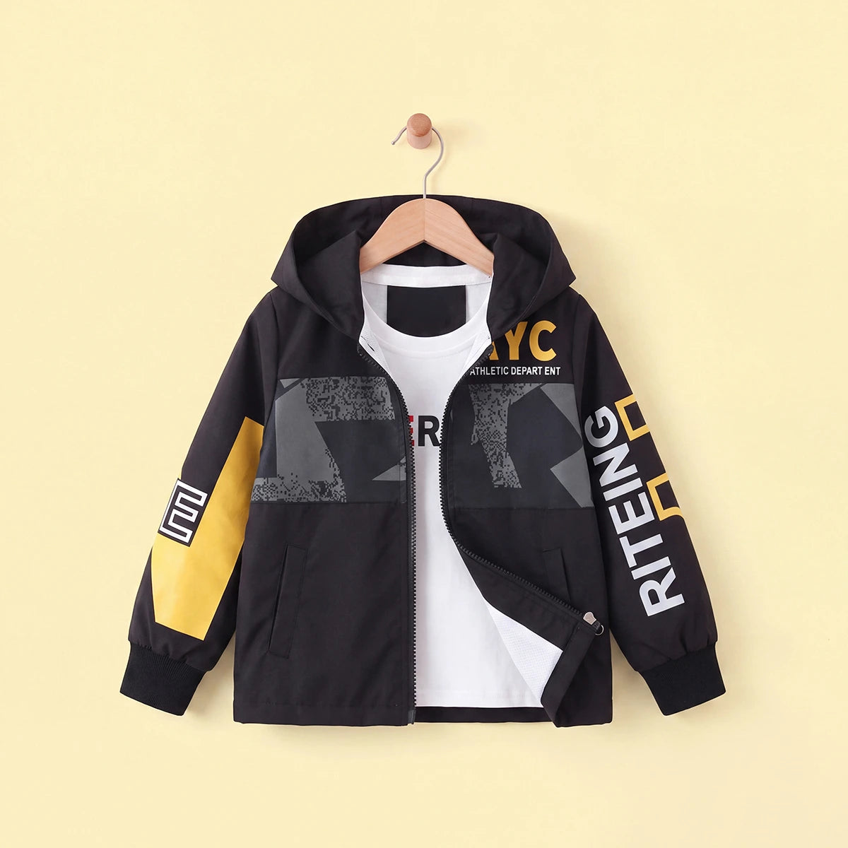 Boys Yellow Letter Printed Front Open Trendy Hooded Jacket Coats & Jackets Yellow 1-2 Y
