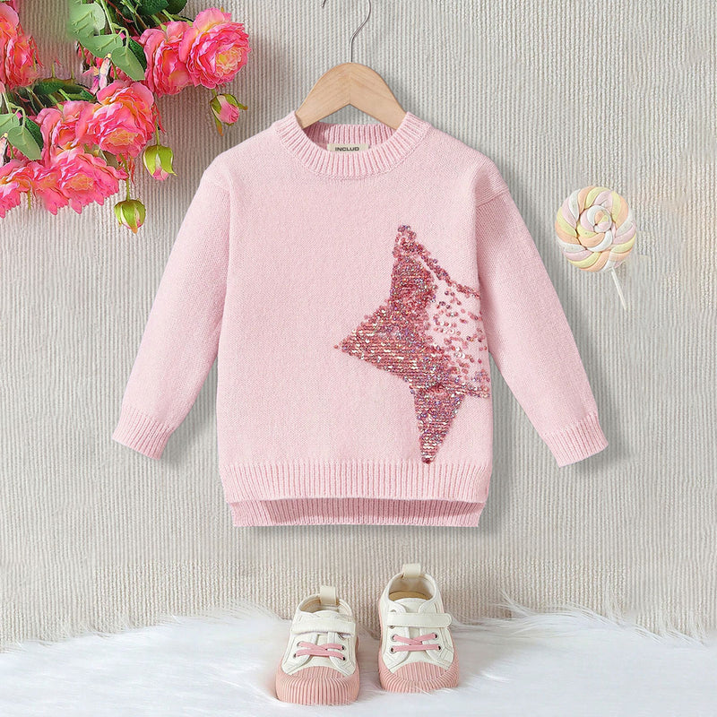 Girls Pink Star Sequins Full Sleeves Pullover Sweaters & Cardigans Pink 3-4 Y