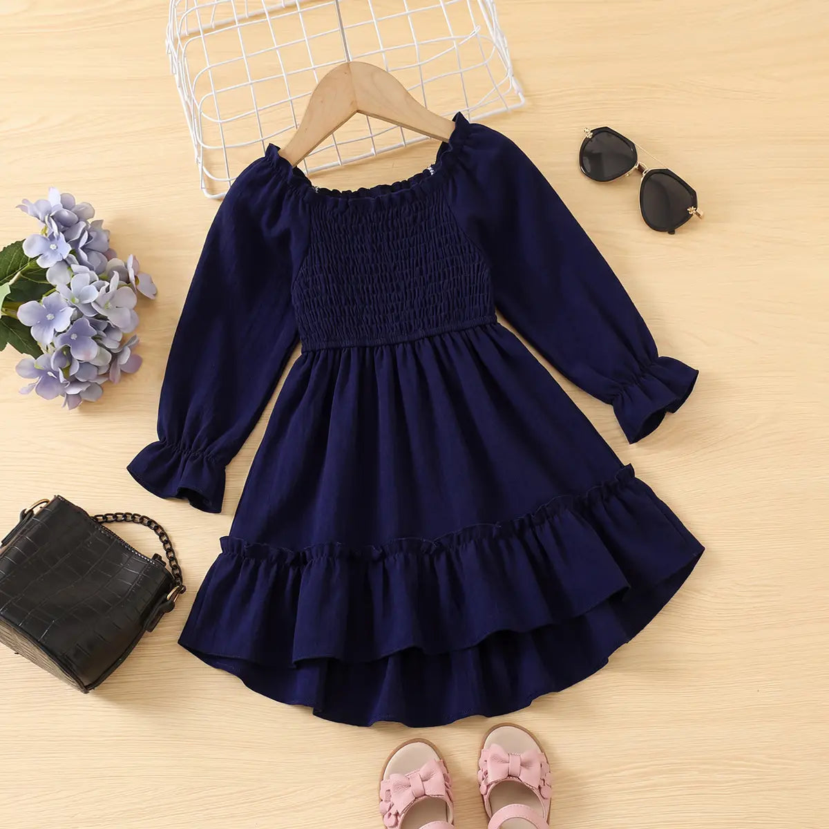 Girls Navy Blue Smocked Yoke Puff Sleeve High-Low Dress Casual Dresses Navy Blue 2-3 Y