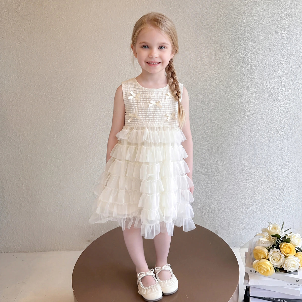 Girls Cream Bow Applique Sleeveless Tiered Dress Casual Dresses Cream 1-2 Y