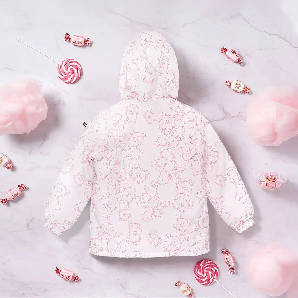Girls Pink Bear Printed Reversible Hooded Zipper Jacket Coats & Jackets