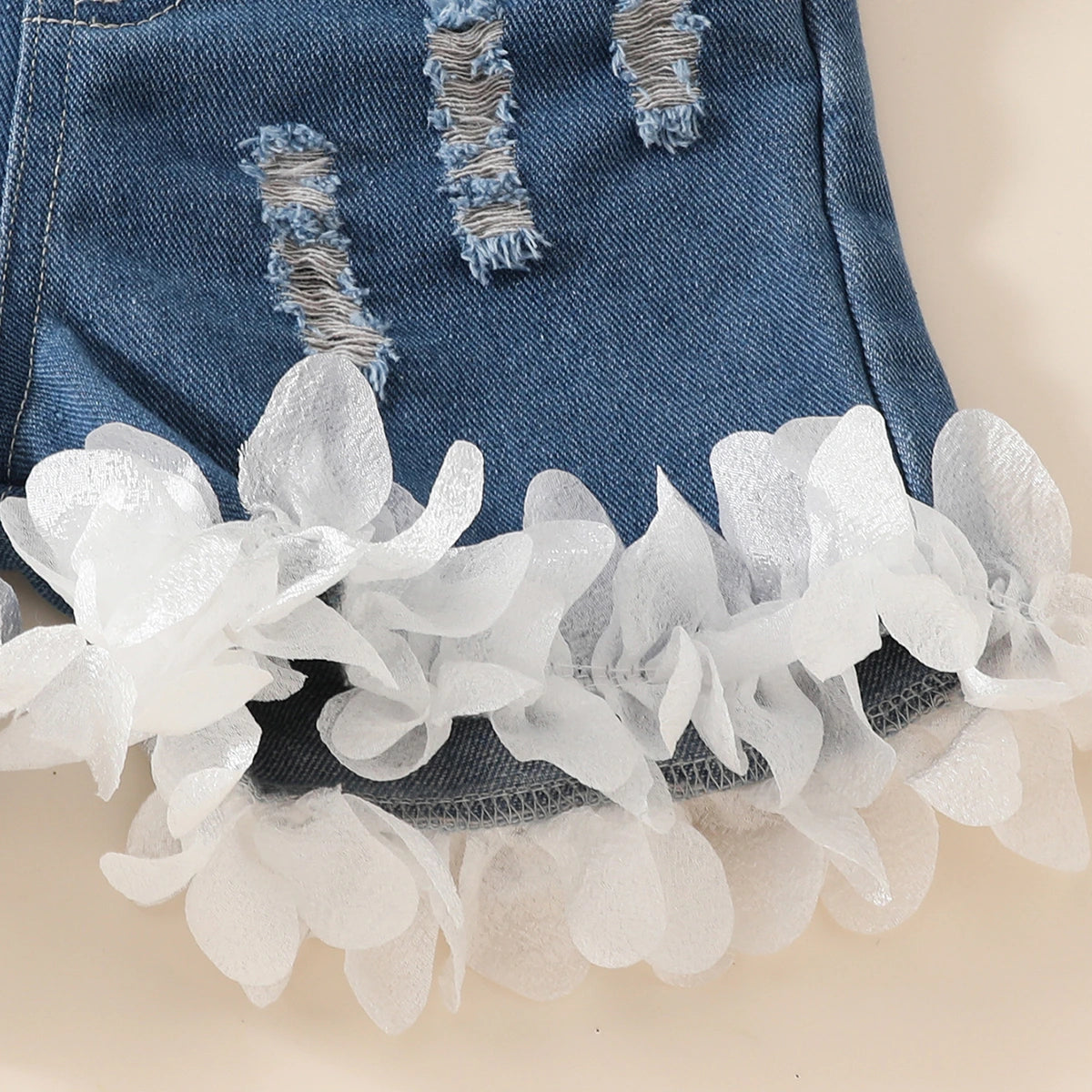 Girls Light Blue Checked Peplum Top With Distressed Denim Shorts Set Sets