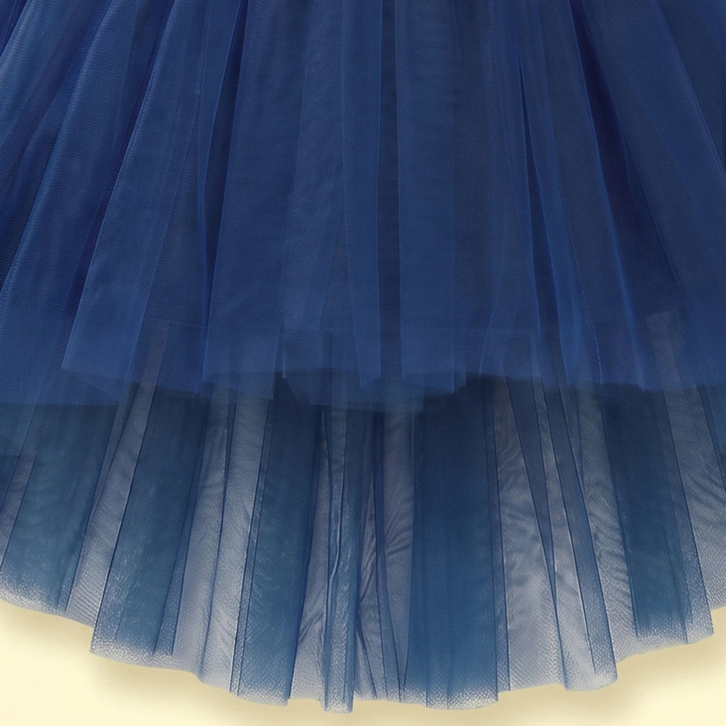 Girls dark blue high-low party dress with velvet bodice