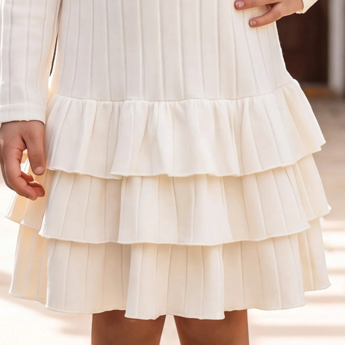 Girls Off White Textured Round Neck Fit & Flare Dress Casual Dresses