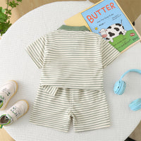 Boys Green Dinosaur Striped Polo T-shirt with Shorts Set Sets