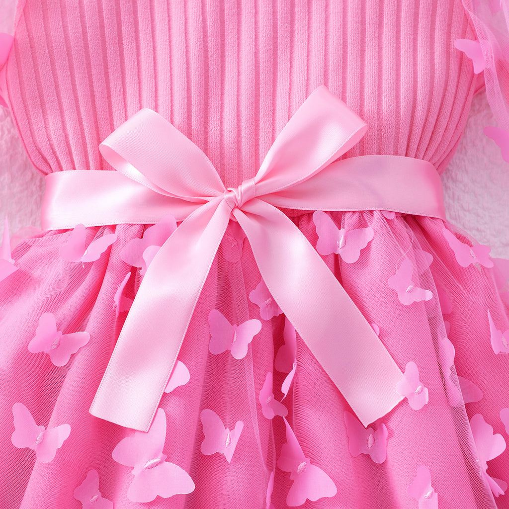 Girls Pink Butterfly Applique Tulle Overlay Fit & Flare Casual Dress Casual Dresses