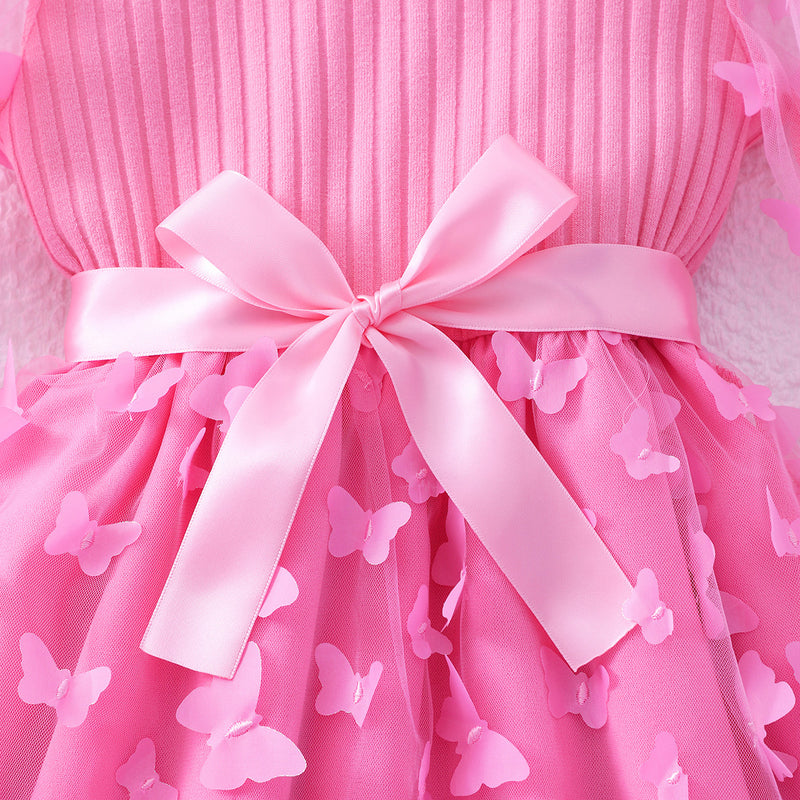 Girls Pink Butterfly Applique Tulle Overlay Fit & Flare Casual Dress Casual Dresses