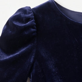 Girls navy blue party dress with puff sleeves and bow