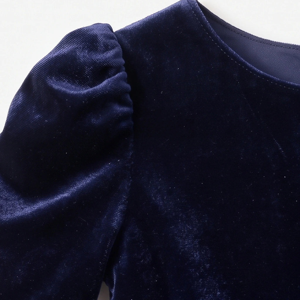 Girls navy blue party dress with puff sleeves and bow