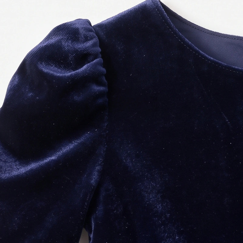 Girls navy blue party dress with puff sleeves and bow