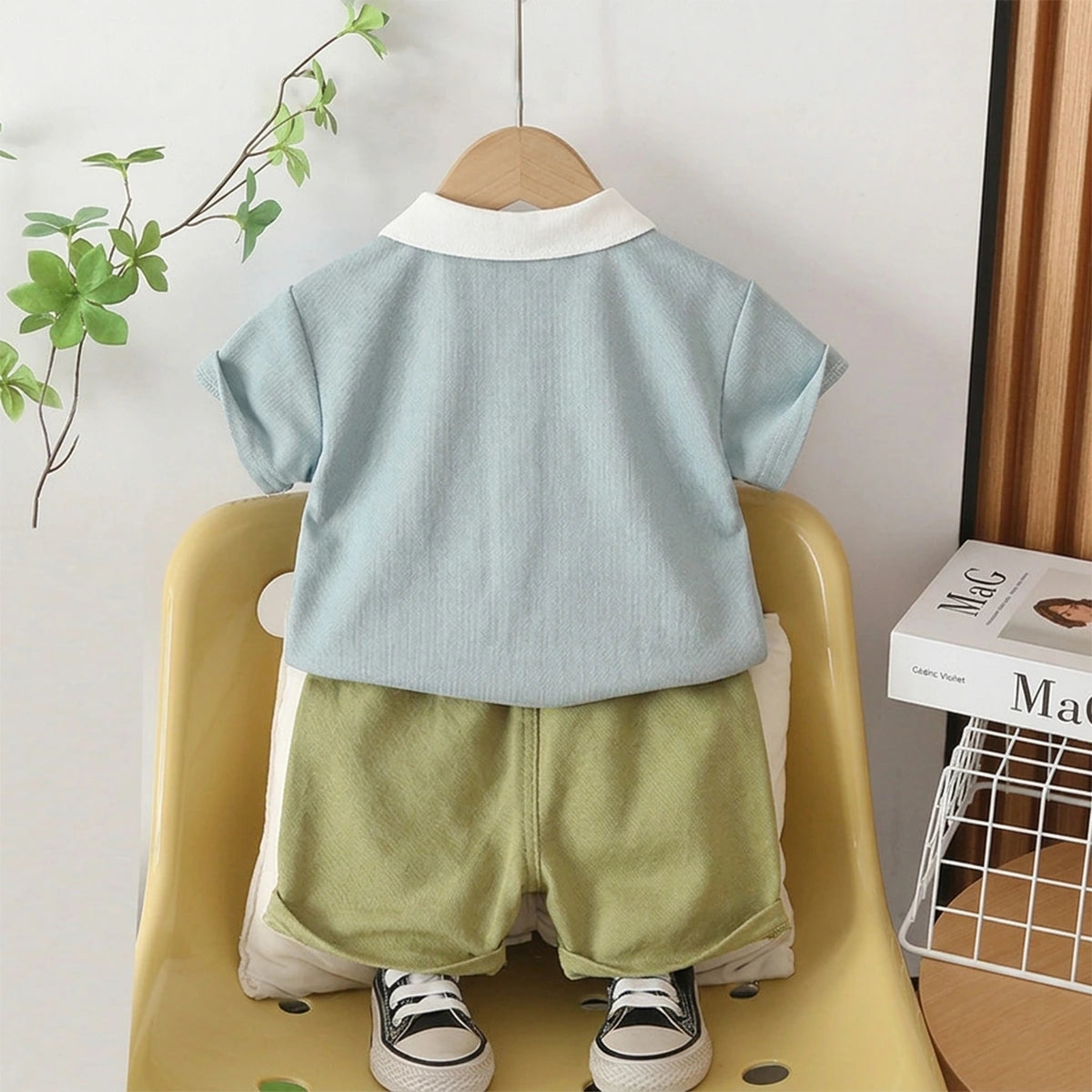 Boys Light Blue Dinosaur Graphic Polo T-Shirt With Elasticated Shorts Sets Sets