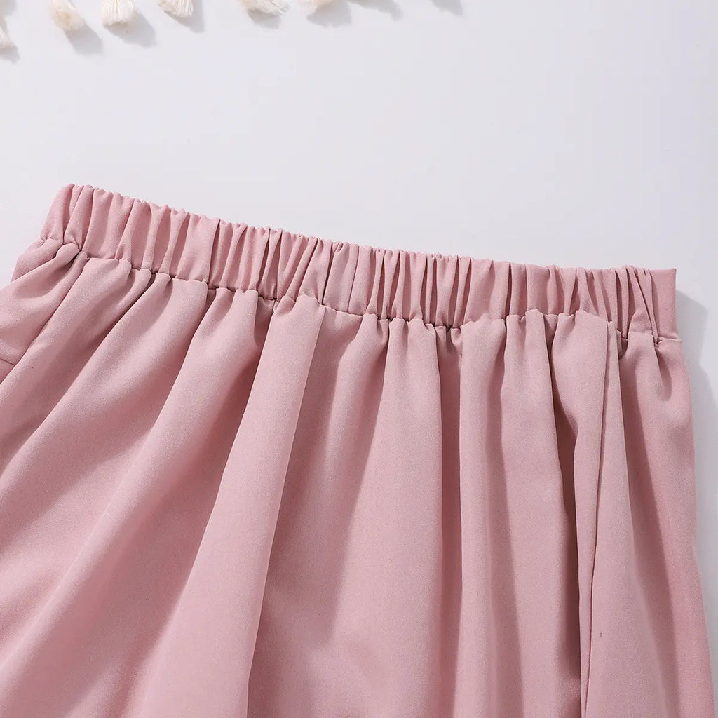 Girls White Puff Sleeves Collared Top With Pleated Skirts Set Sets