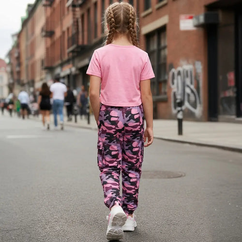 Girls Pink Star Printed T-Shirt with Camouflage Cargo Pants Sets Sets