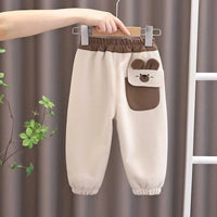 Boys Beige Bear Embroidered Patched Jogger Trackpants & Joggers