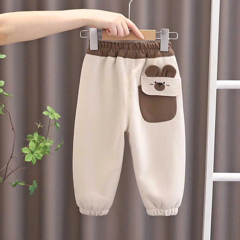 Boys Beige Bear Embroidered Patched Jogger Trackpants & Joggers