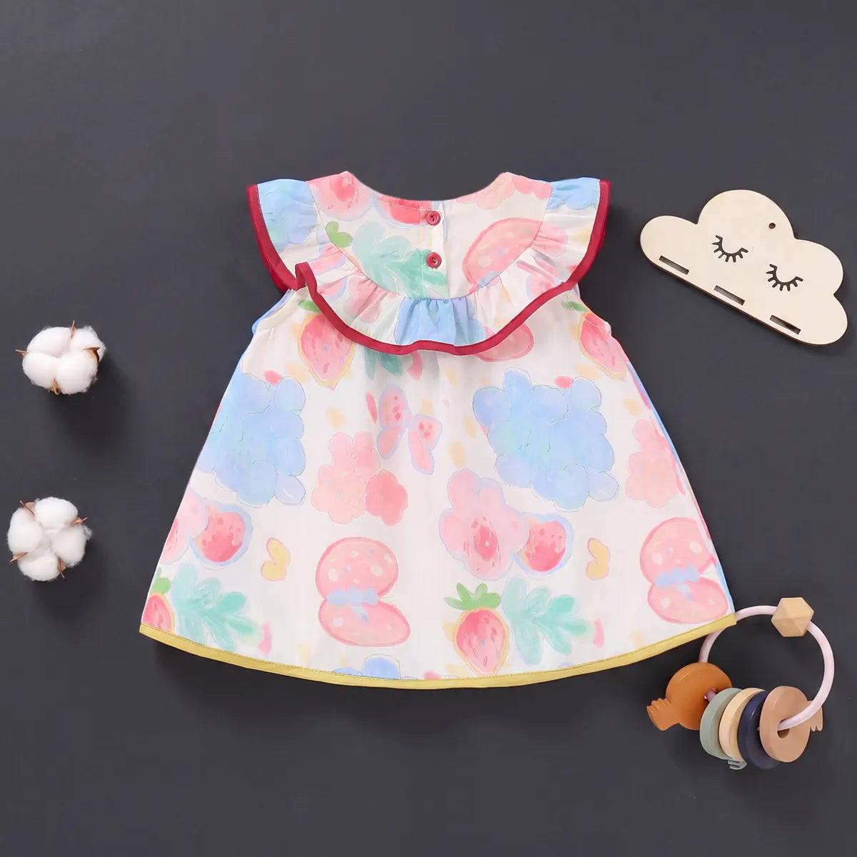 Girls Pink Printed Sleeveless A-Line Dress With Ruffle Details Casual Dresses