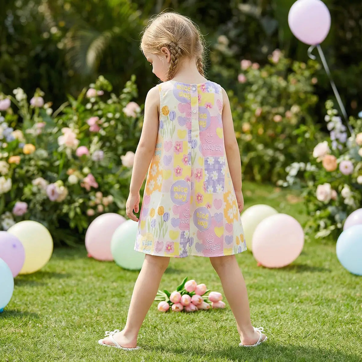 Girls Pink Floral Print Sleeveless A-line Dress Casual Dresses