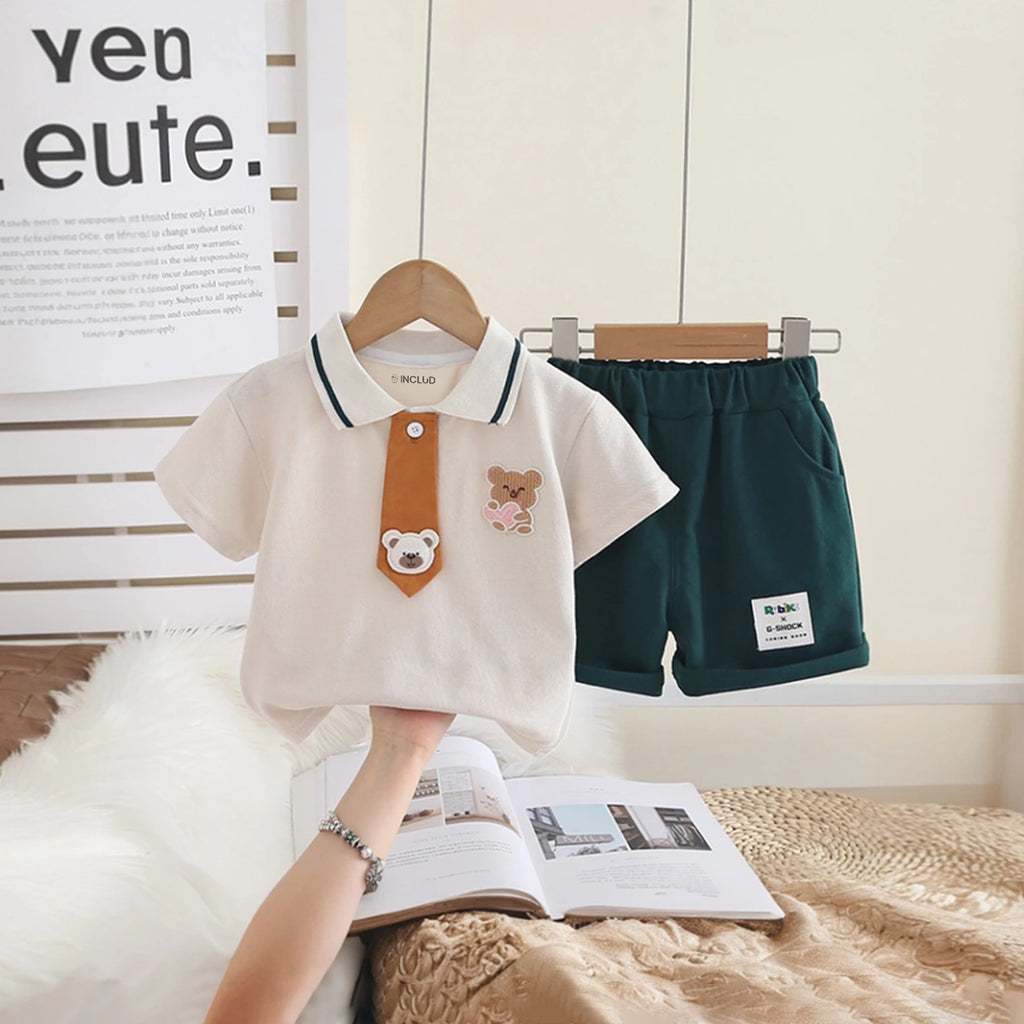Boys Dark Green Bear Applique Polo T-Shirt With Elasticated Shorts Sets 2 pc. Sets Dark Green 1-2 Y