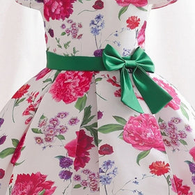 Girls Dark Pink Floral Printed Cap Sleeve Fit & Flare Party Wear Dress Party Dresses