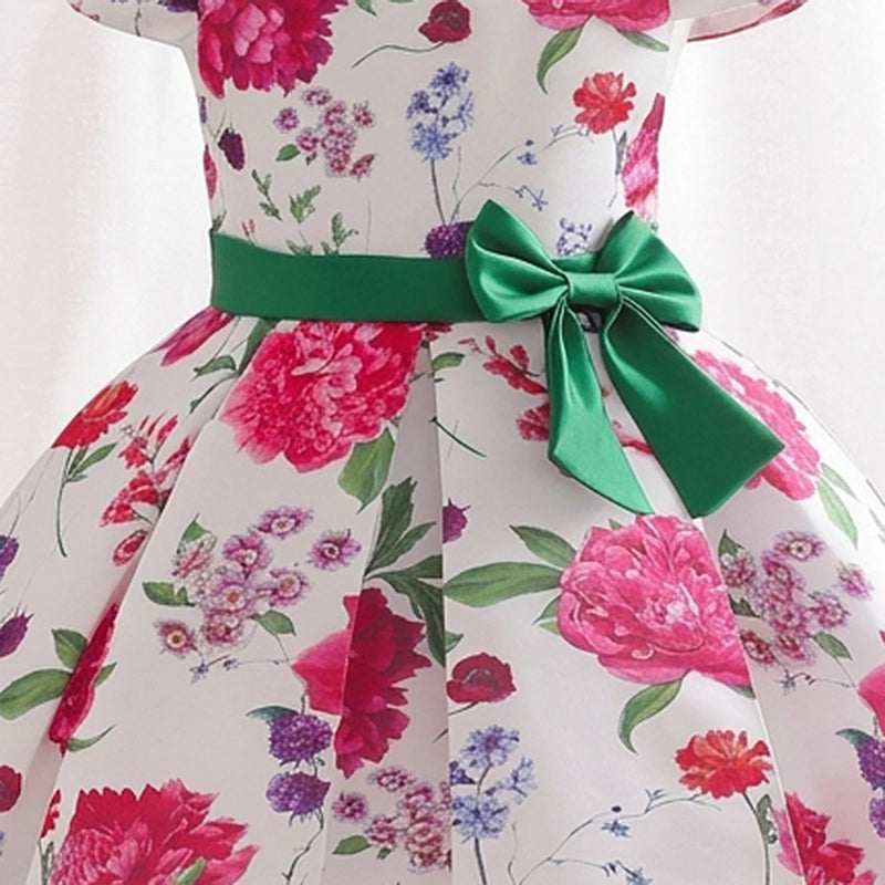 Girls Dark Pink Floral Printed Cap Sleeve Fit & Flare Party Wear Dress Party Dresses