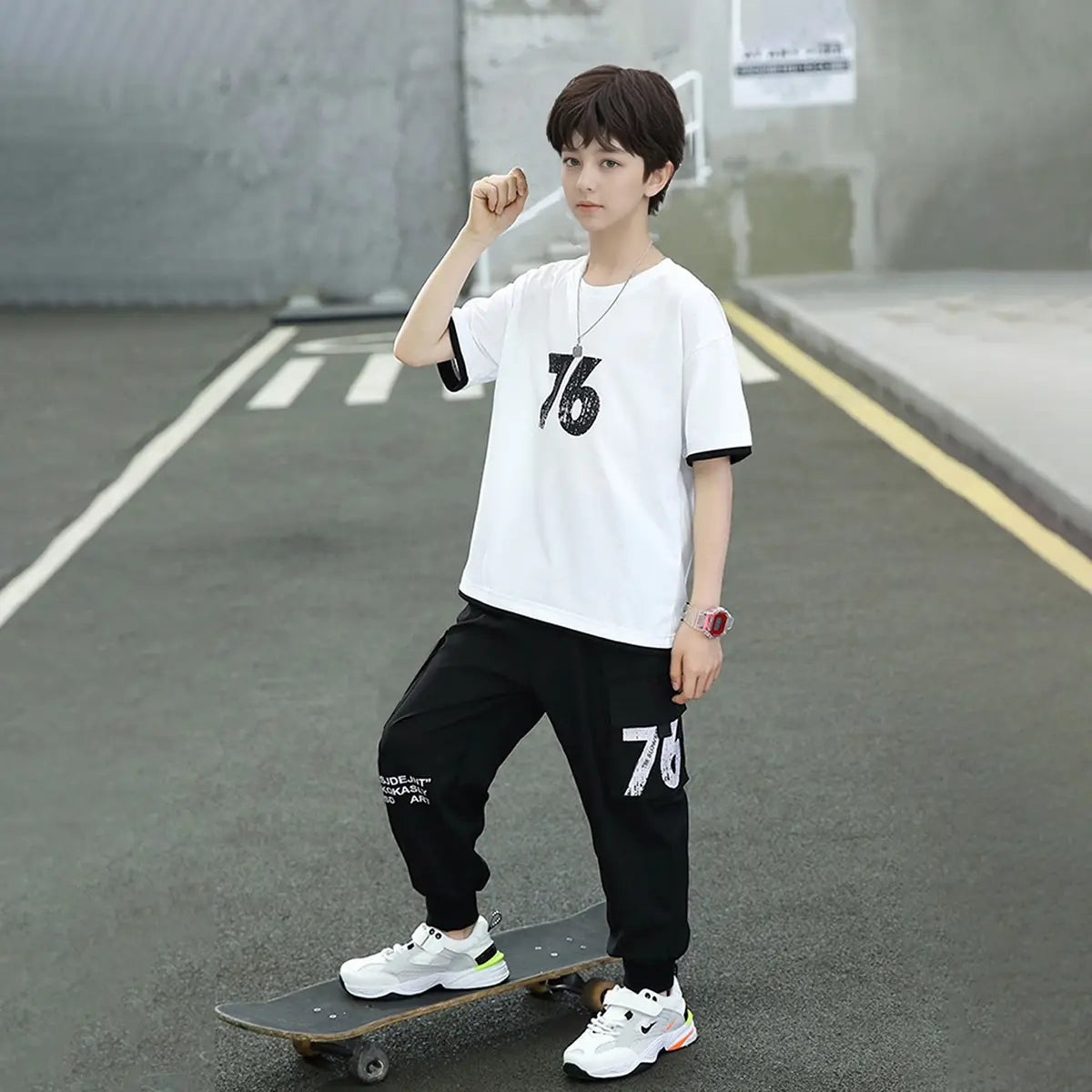 Boys White Alphanumeric Printed T-Shirt With Joggers Set Sets