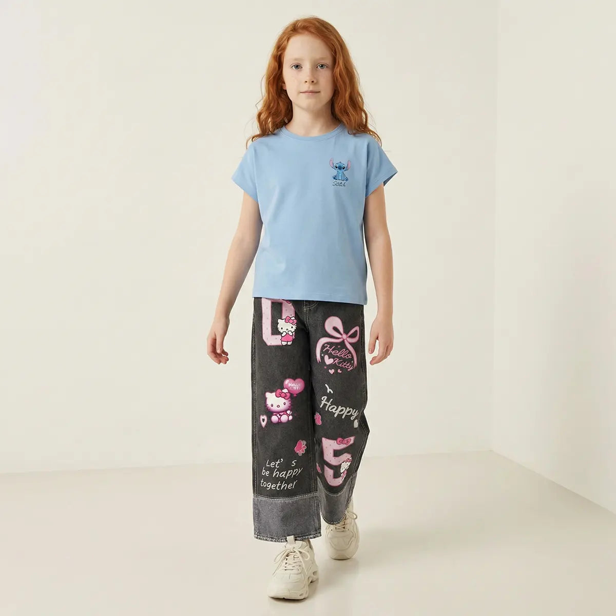Girls Black Denim-Style Print Knitted Wide-Leg Pants Pants Black 7-8 Y