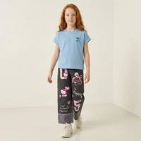 Girls Black Denim-Style Print Knitted Wide-Leg Pants Pants Black 7-8 Y