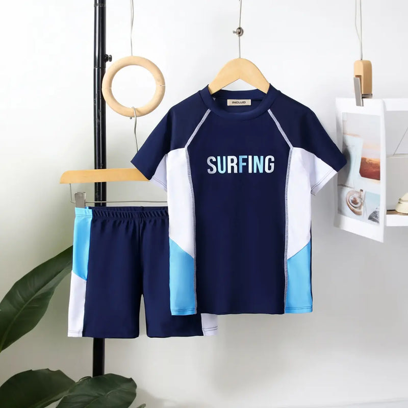 Boys Navy Blue Typographic Printed Short Sleeves T-Shirt & Shorts Swimsuit Sets Sets Navy Blue 7-8 Y