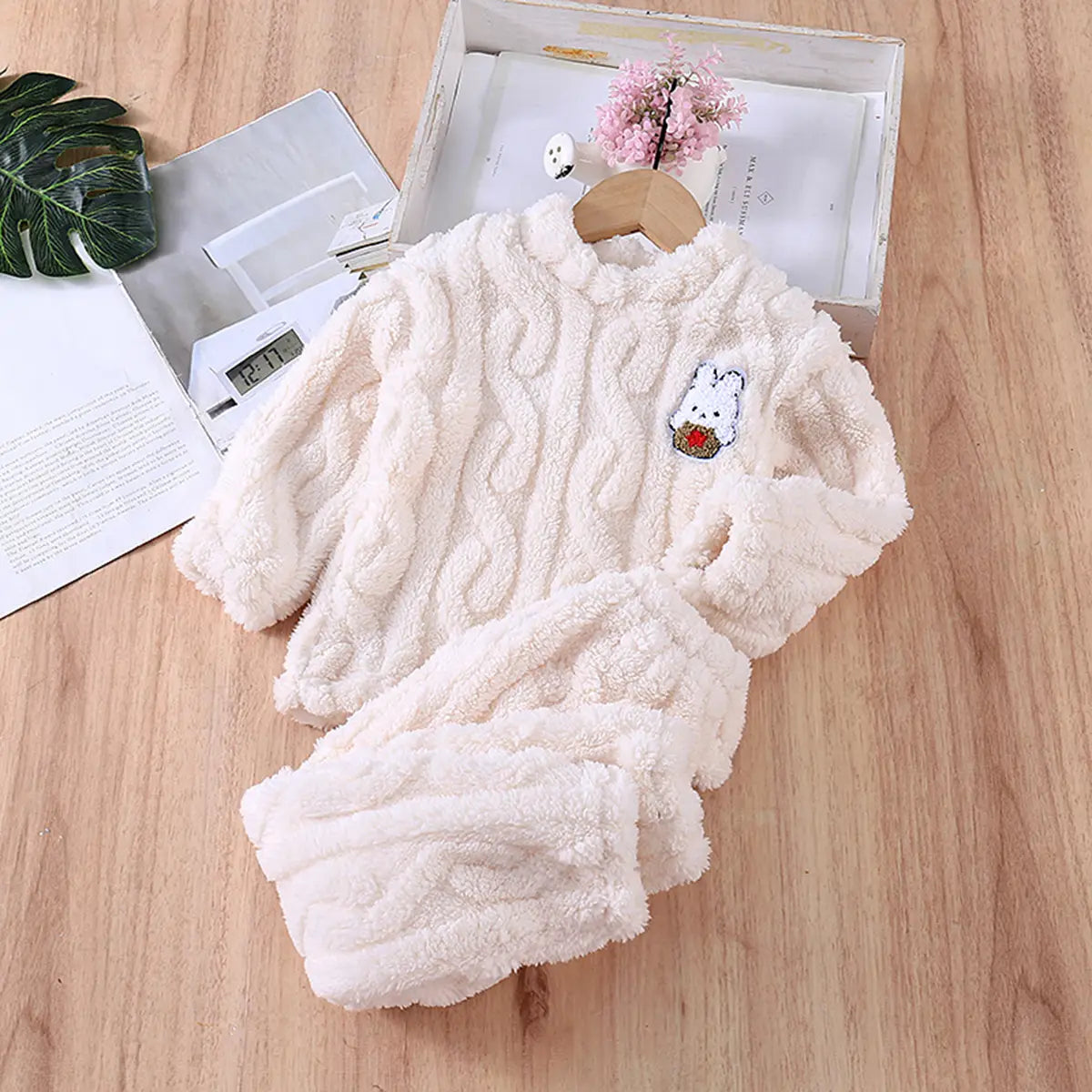 Girls Off White Self-Design Fleece Top With Jogger Co-ord Sets Sets