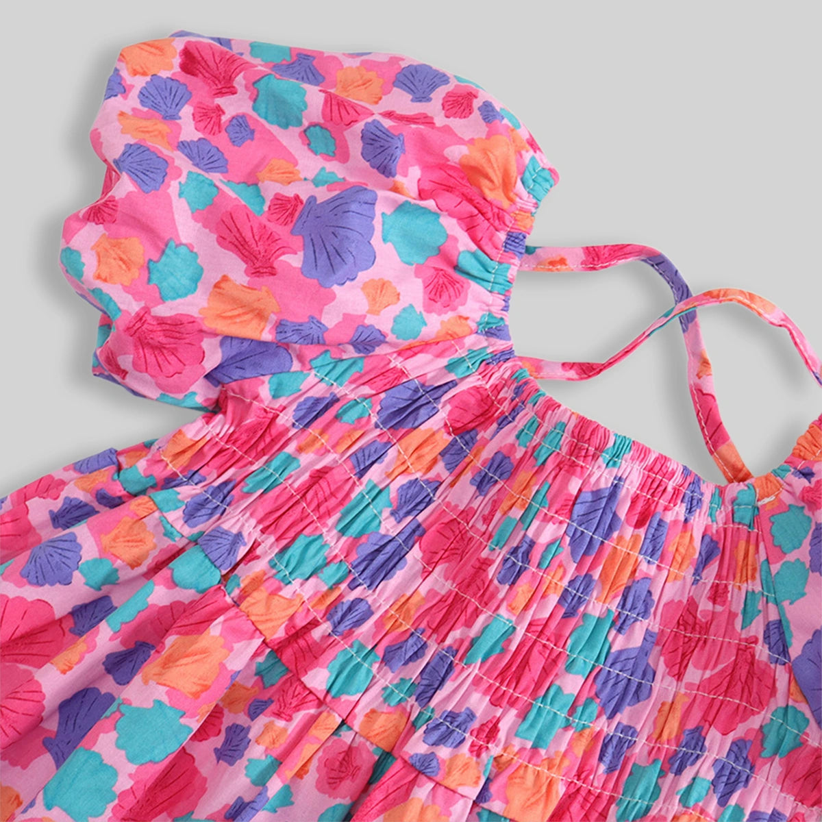 Girls Pink Seashell Printed Short Sleeve Smocked A-Line Dress Casual Dresses