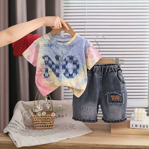 Boys Multicolor Typographic Print T-Shirt With Denim Shorts Sets Sets Multicolor 1-2 Y