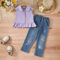 Girls Purple Sleeveless Ruffled Top With Embroidered Denim Pants Set Sets Purple 3-4 Y