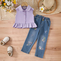 Girls Purple Sleeveless Ruffled Top With Embroidered Denim Pants Set Sets Purple 3-4 Y