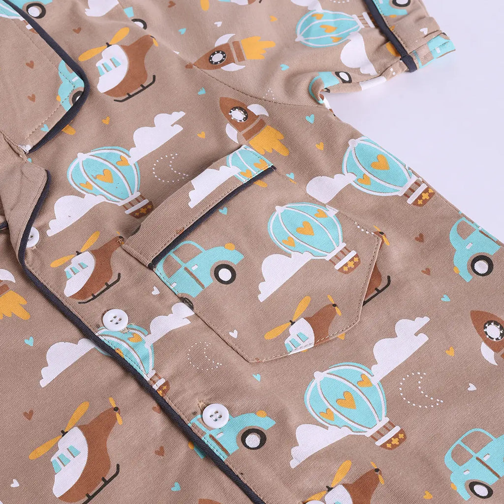 Girls Brown Hot Air Balloon Print Short Sleeve Shirt With Elasticated Pants Sets Sets