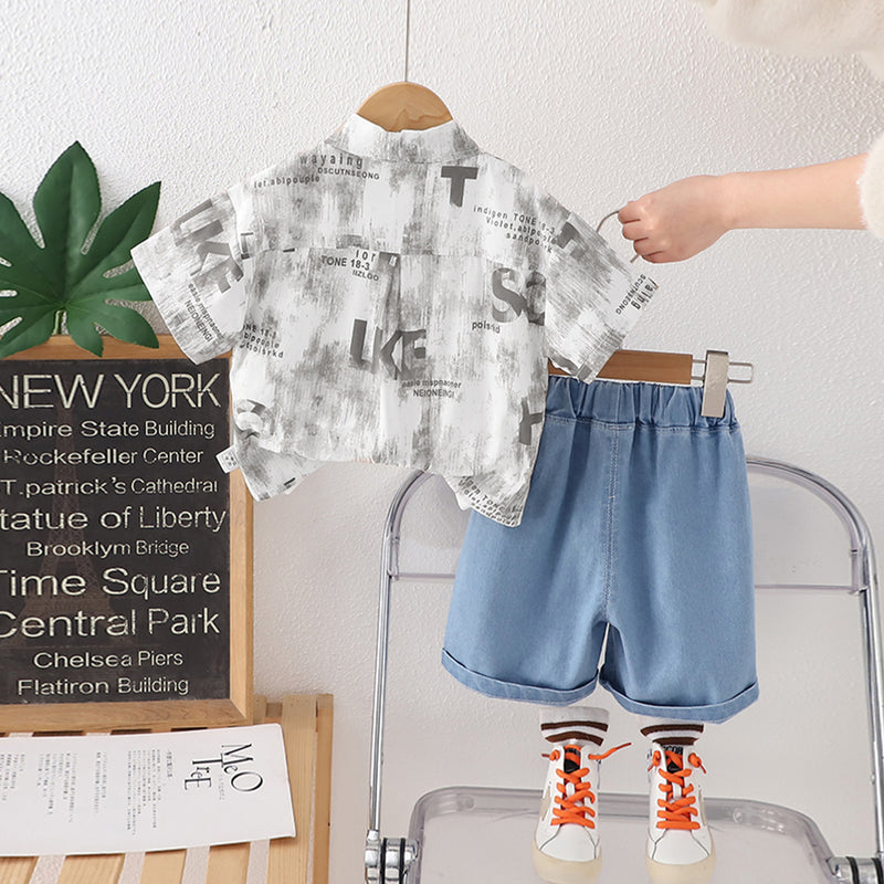 Boys Grey Short Sleeves Printed Shirt With T-Shirt And Denim Shorts Set 3 pc. Sets
