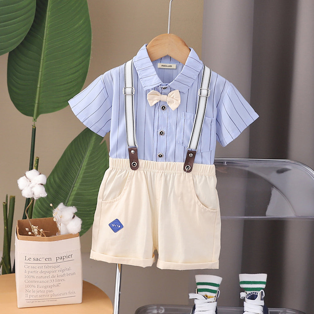 Boys Striped Shirt With Suspenders Shorts