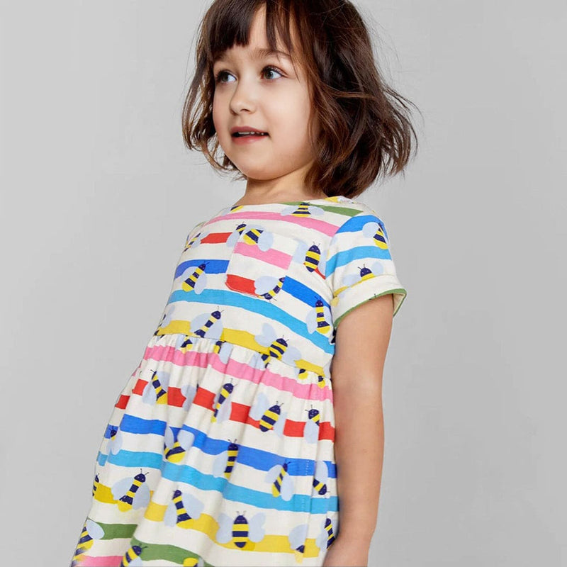 Girls Short Sleeve Multistriped Flared Dress Casual Dresses   