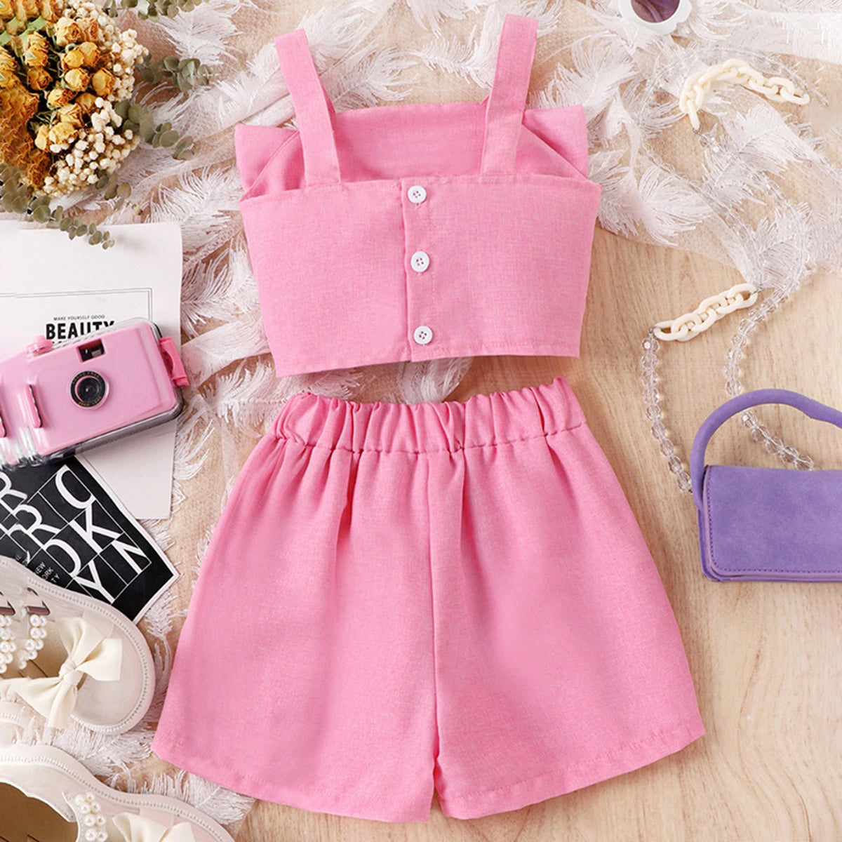 Girls Pink Bow Applique Sleeveless Top With Shorts Sets 2 pc. Sets