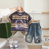 Boys Purple Headphone Graphic Stripes T-Shirt With Denim Shorts Set