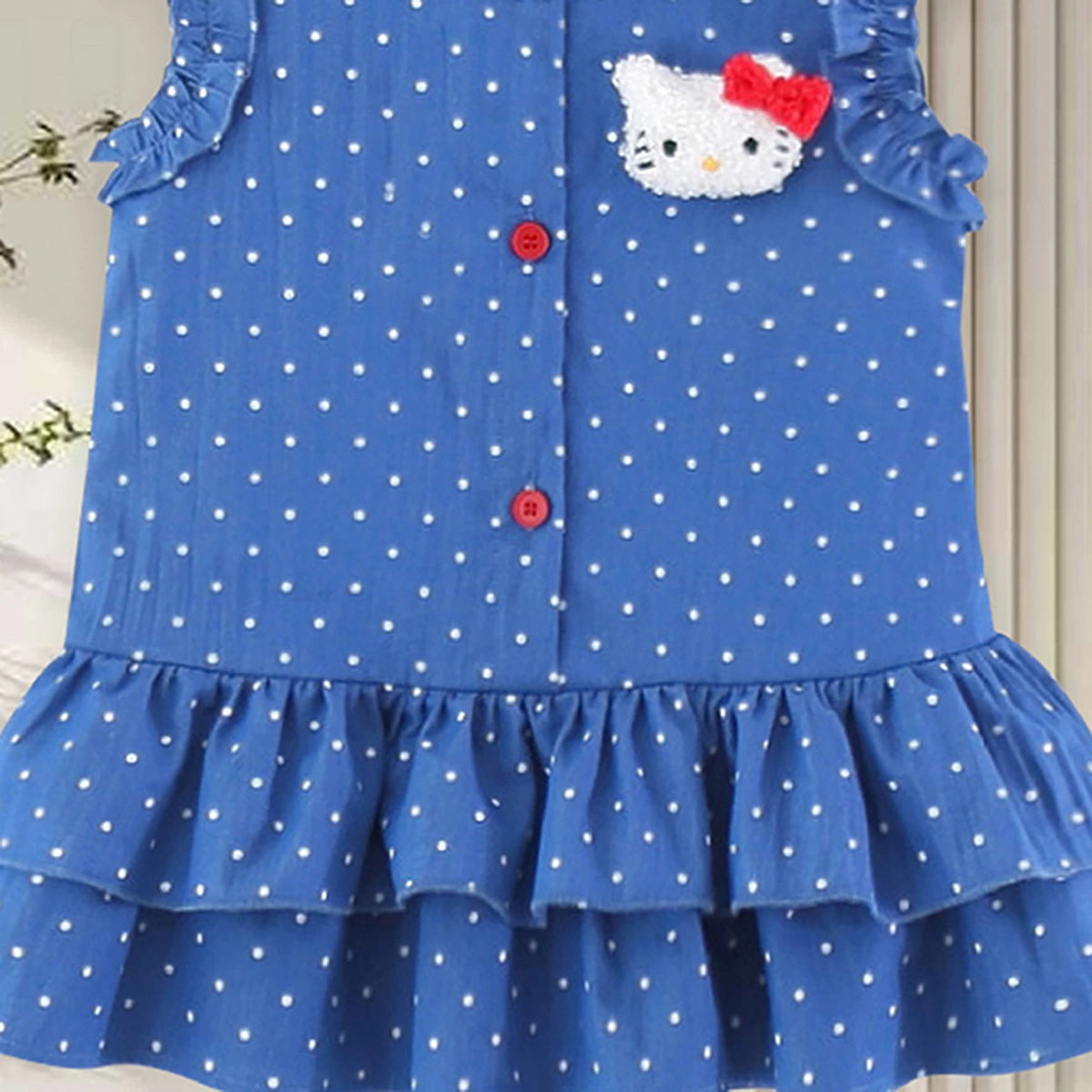 Girls Blue Polka Dot Print Kitty Ruffle Dress Casual Dresses