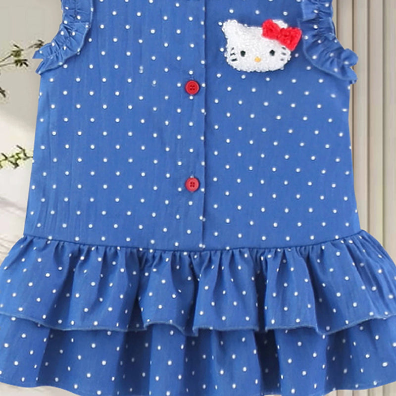 Girls Blue Polka Dot Print Kitty Ruffle Dress Casual Dresses