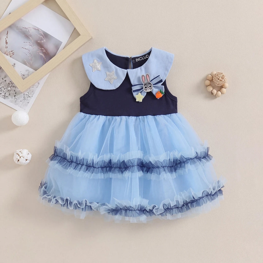 Girls Blue Peter Pan Collar Fit & Flare Dress With Bunny Applique Casual Dresses Blue 1-2 Y