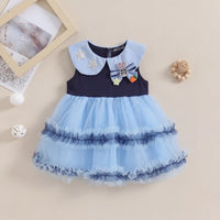 Girls Blue Peter Pan Collar Fit & Flare Dress With Bunny Applique Casual Dresses Blue 1-2 Y