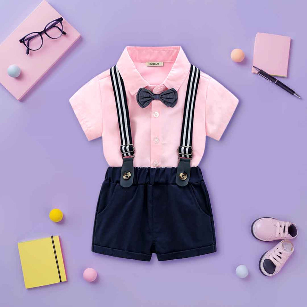 Boys Solid Shirt With Bow & Suspender Shorts Formal Set