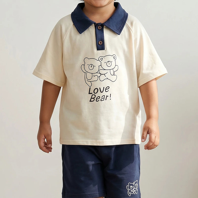 Boys Cream Typography Print Polo T-Shirt With Shorts Sets 2 pc. Sets