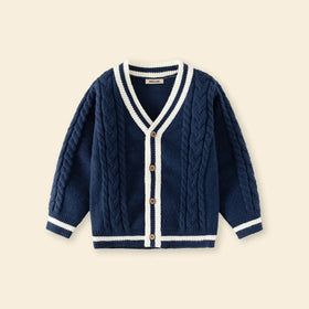 Girls Navy Blue Self-Design Knitted Cardigan Sweaters & Cardigans