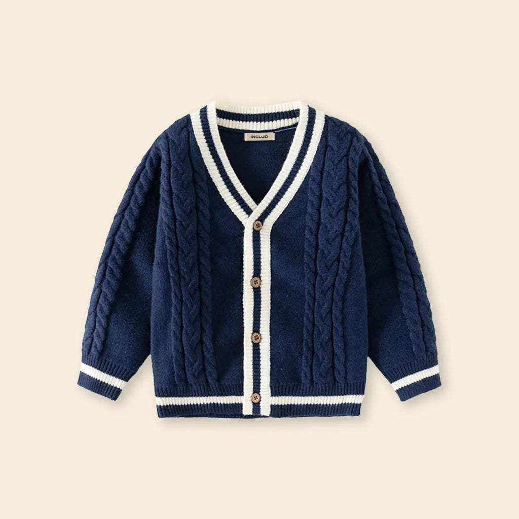Girls Navy Blue Self-Design Knitted Cardigan Sweaters & Cardigans