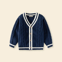 Girls Navy Blue Self-Design Knitted Cardigan Sweaters & Cardigans