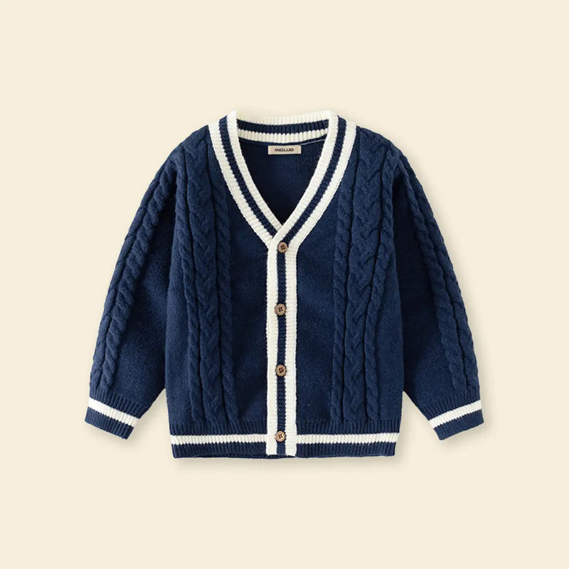 Girls Navy Blue Self-Design Knitted Cardigan Sweaters & Cardigans