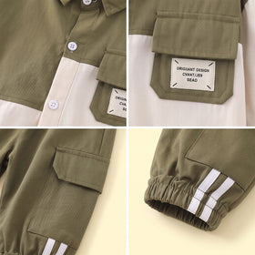 Boys Olive Green Colour-blocked Long Sleeve Shirt With Pants Sets 2 pc. Sets